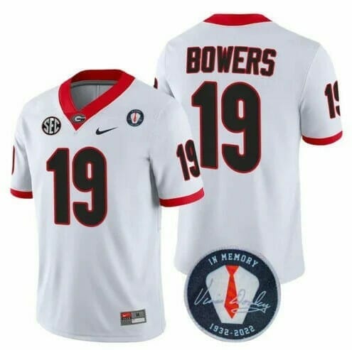 Bulldogs Brock Bowers Jersey #19 Honoring Vince Dooley Patch White Bulldogs Brock Bowers Jersey #19 Honoring Vince Dooley Patch White