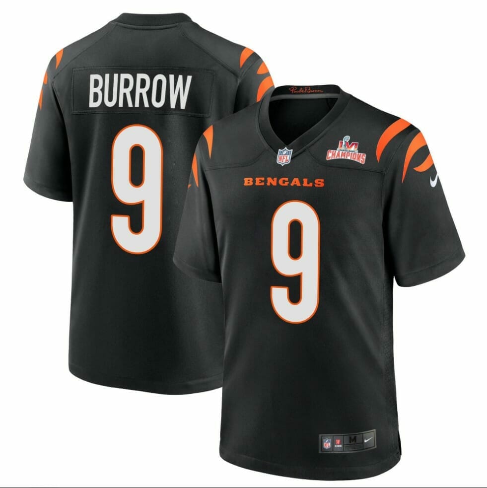 Super Bowl LVI Champions Cincinnati Bengals Joe Burrow #9 Black Men’s Jersey Jersey, Top Smart Design Super Bowl LVI Champions Cincinnati Bengals Joe Burrow #9 Black Men’s Jersey Jersey, Top Smart Design