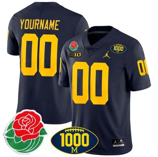 Custom Michigan Wolverines Jersey Name and Number 1000 Wins & Rose Bowl Patch Special Navy